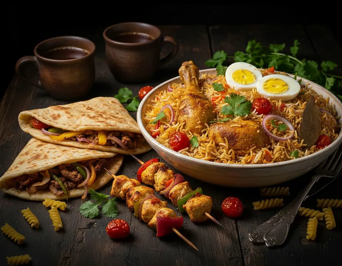 Traditional Ethiopian food with Somali tea - authentic local cuisine